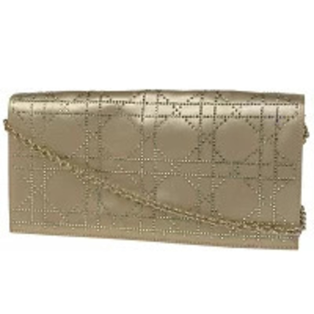 Christian Dior Cannage Chain Shoulder Bag Clutch Satin Beige